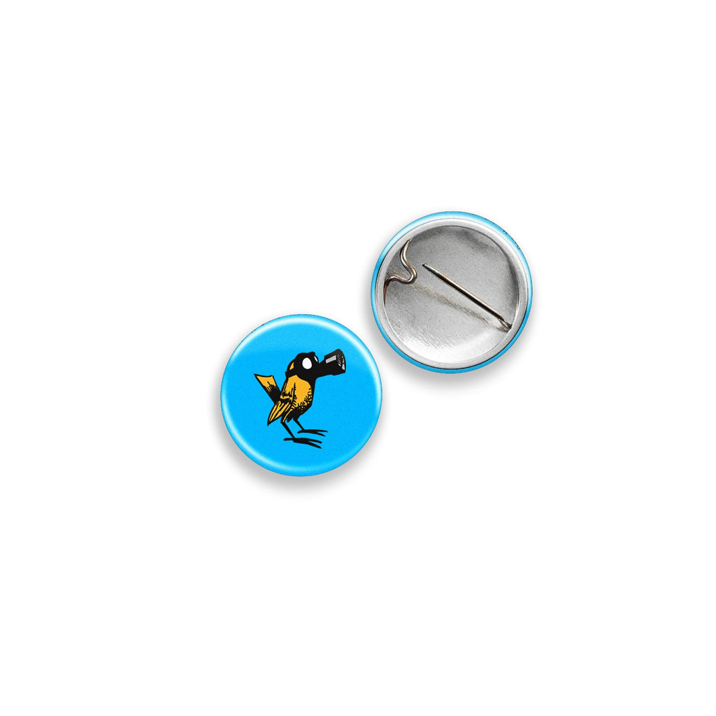 1" Pinback Button: Gas Mask Bird on Blue